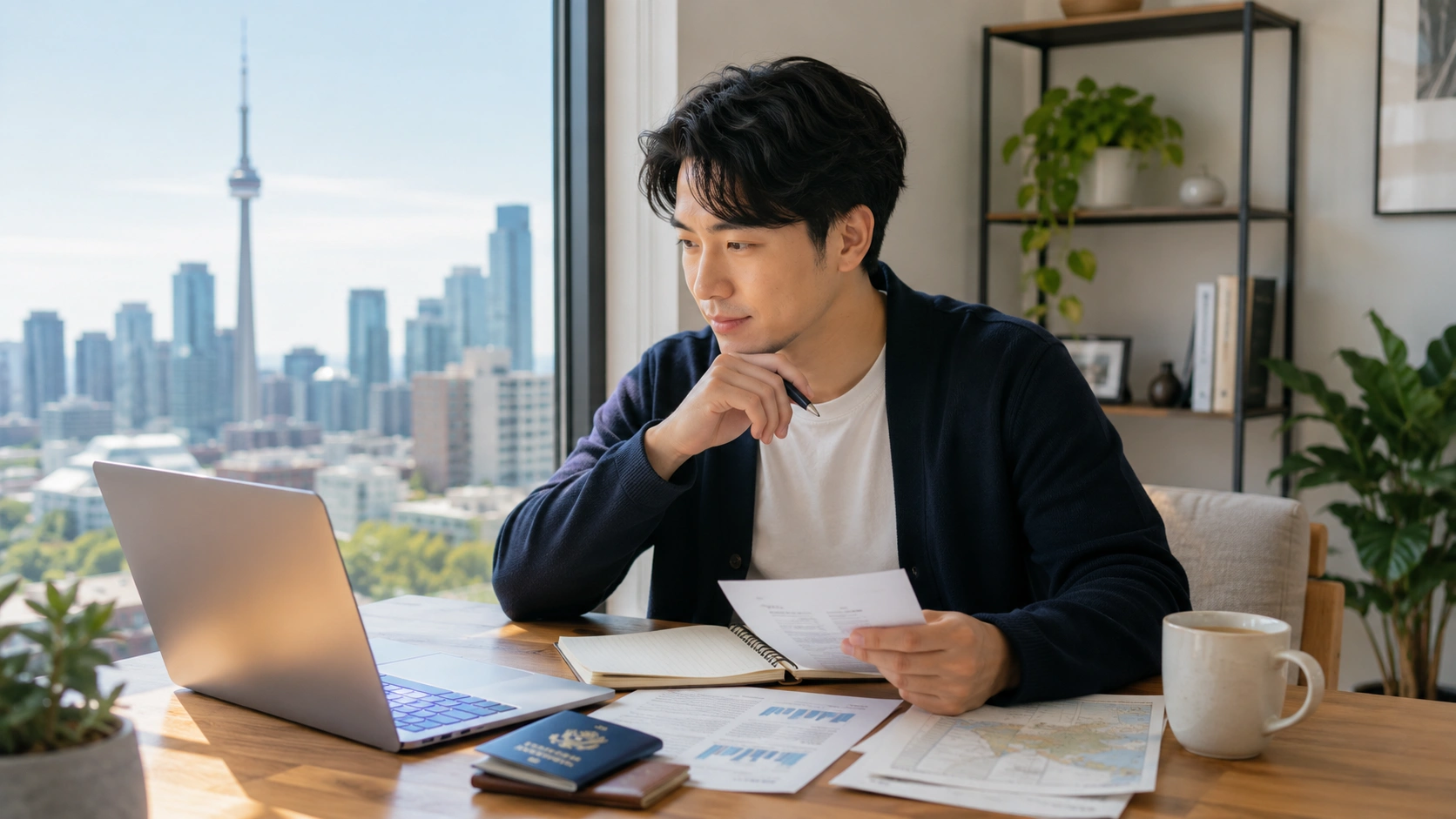 カナダ移民を考える人がノートとパソコンで情報整理している様子