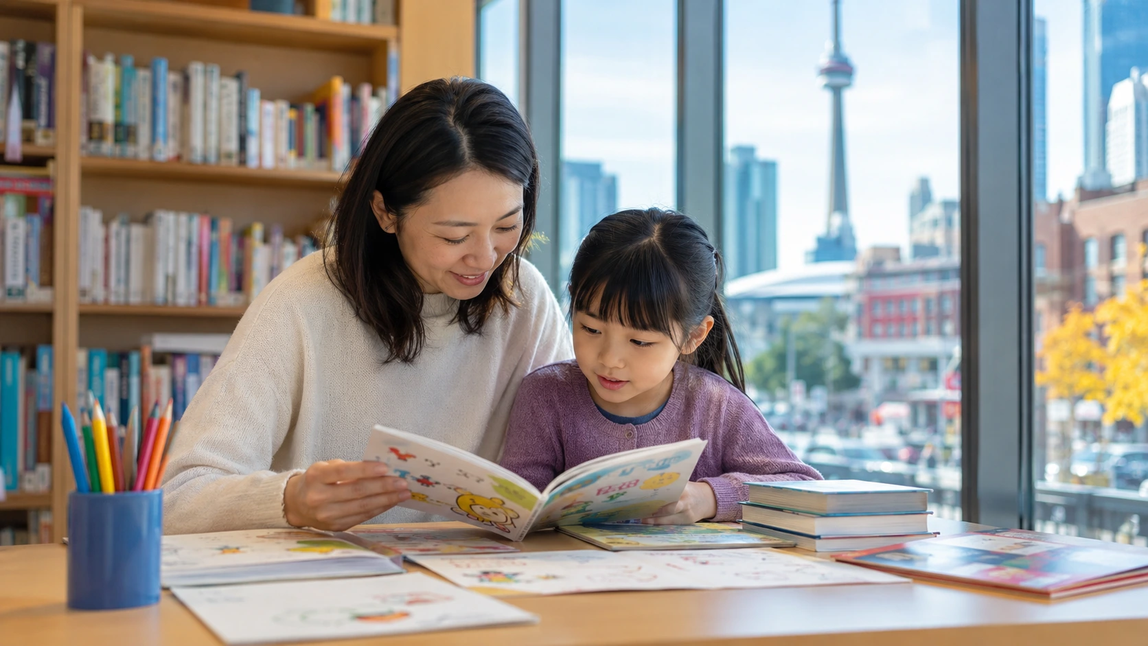 親子で日本語の本を読む様子