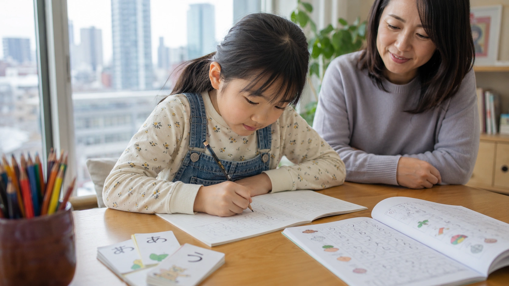子どもが日本語ノートにひらがなを書く様子