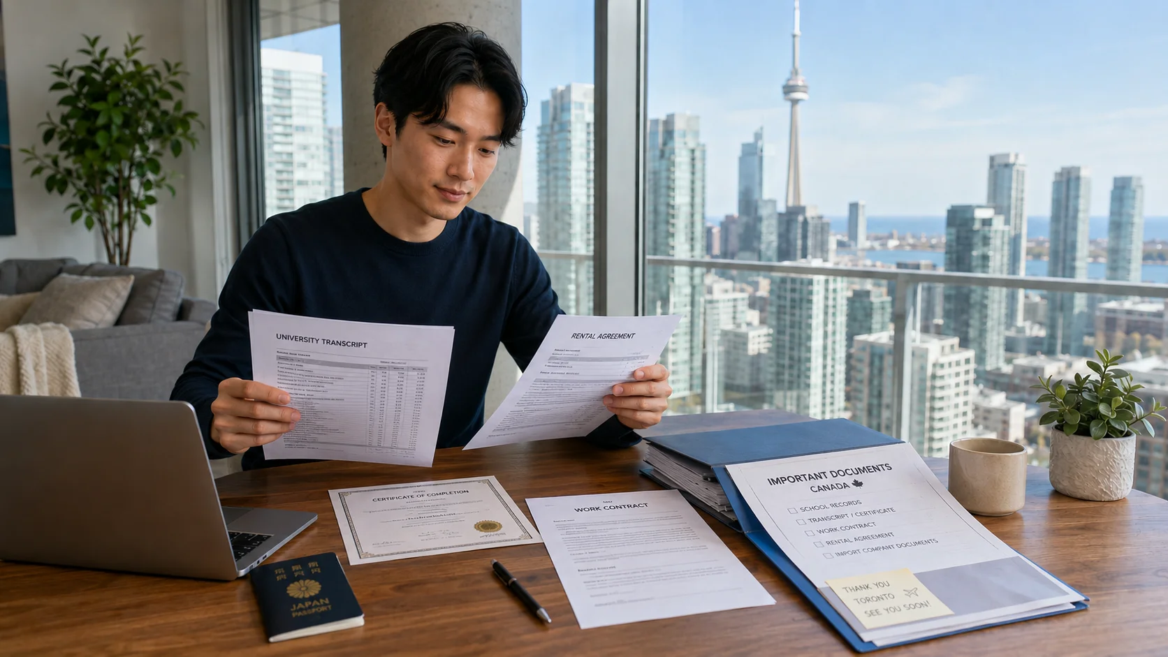 カナダの学校書類、賃貸契約書、パスポートを机の上で整理する様子