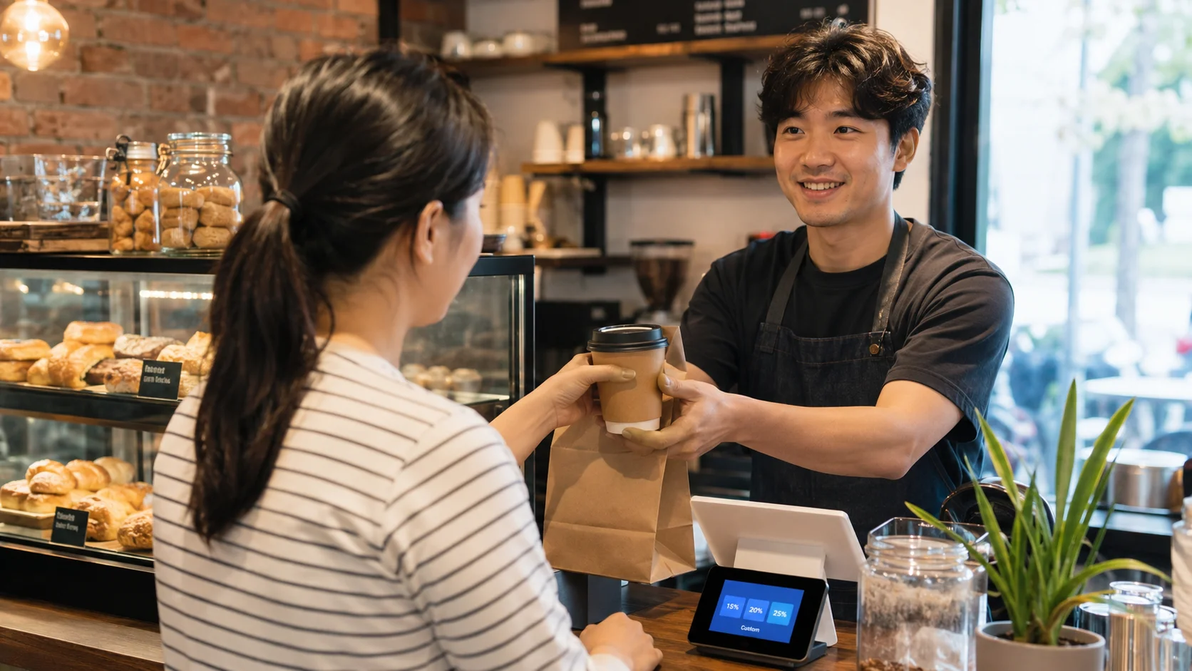 カフェのカウンターでテイクアウト注文を受け取る様子