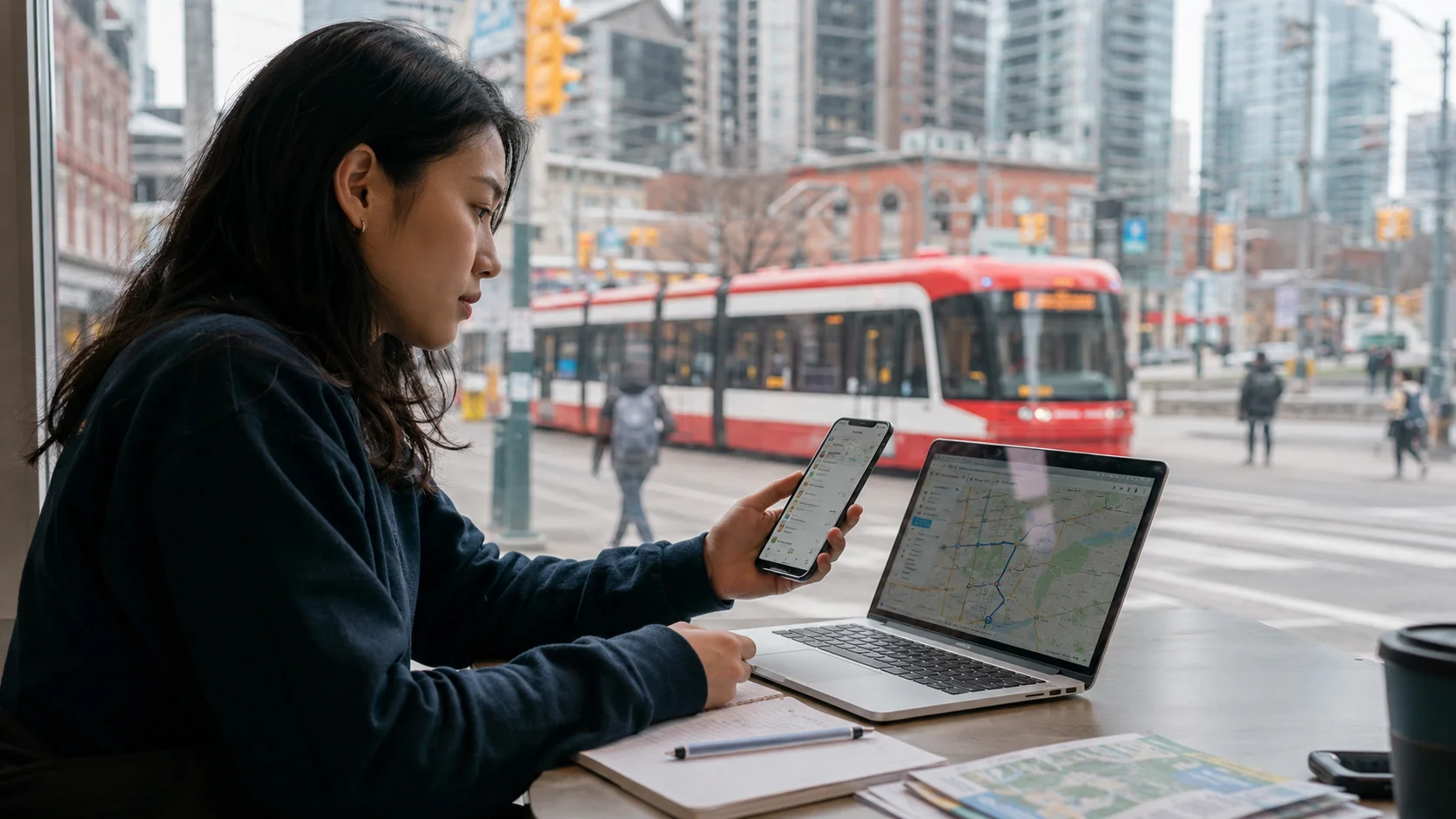 トロントの通学ルートとTTCを確認する留学生のイメージ