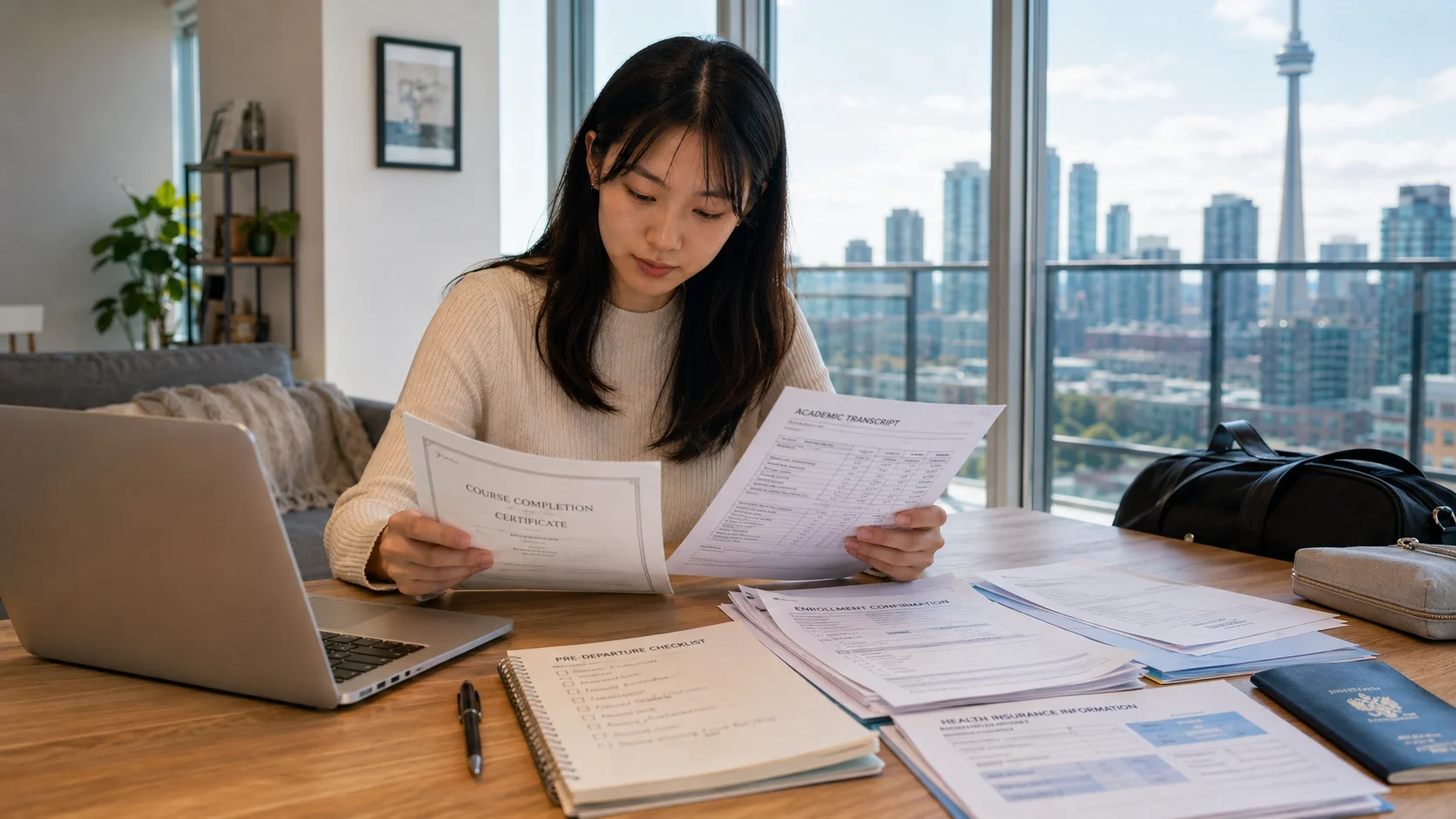 帰国前に学校書類を確認する留学生