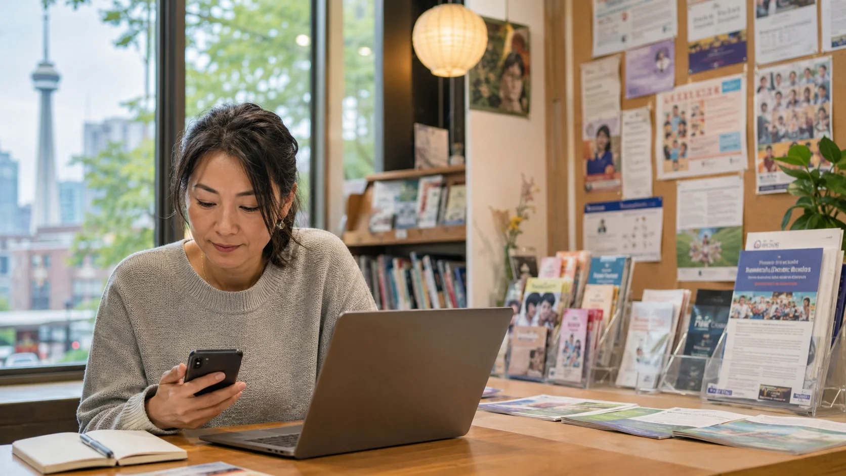 トロントで日本語情報を見ながら生活を整えるイメージ
