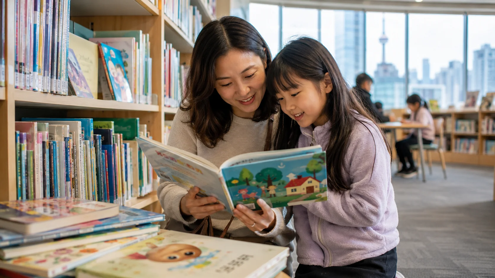 トロントの図書館で日本語の本を探す親子