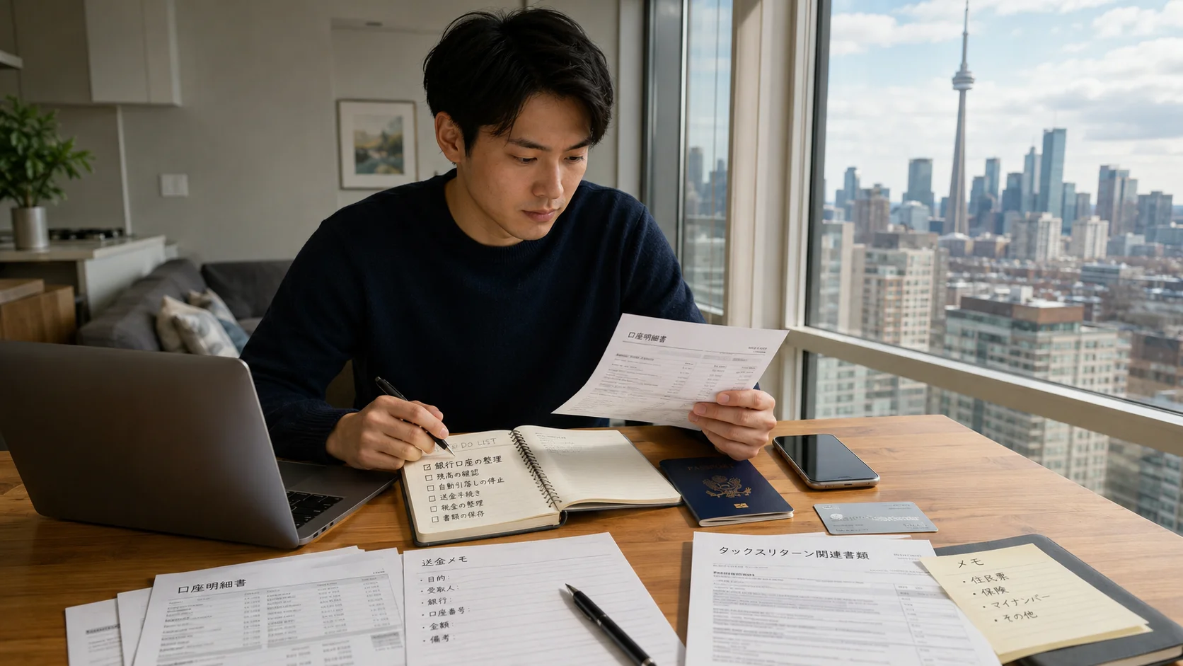 カナダを出る前に銀行口座をどうする？｜閉じる・残す・送金・税金書類 - カナダを出る前に銀行口座を閉じるか残すか、残高の送金、CRAの税金還付、T4・T5・NR4などの税金書類、海外からのログイン設定をトロント生活目線で整理します。