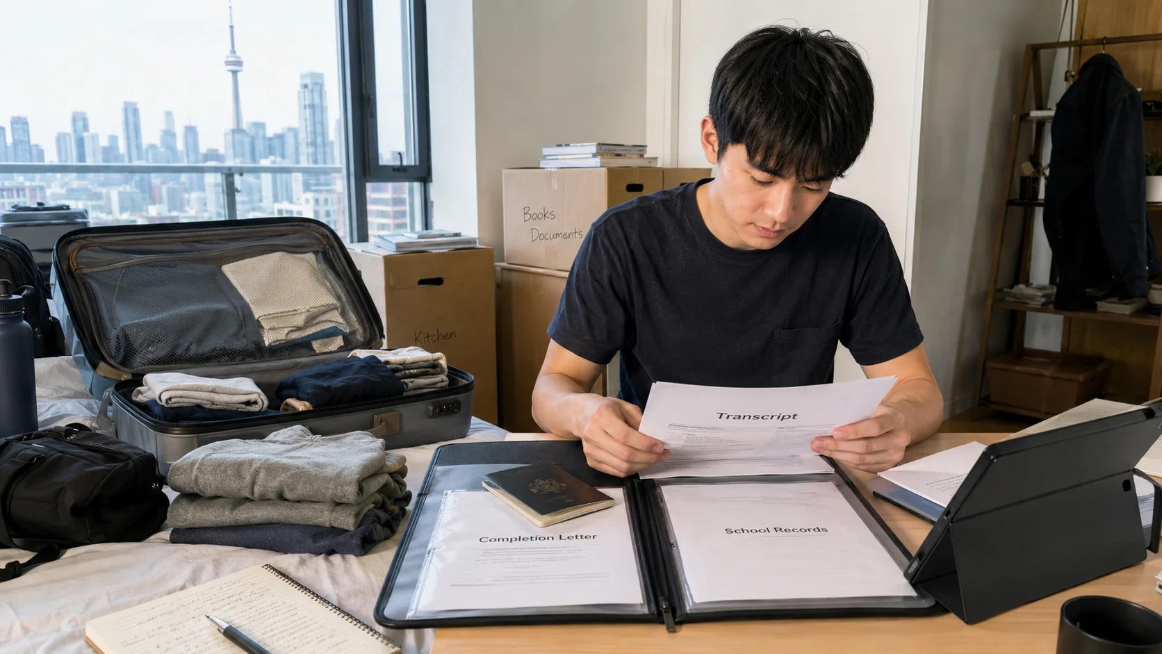トロントの学生が帰国前に荷物と書類を整理している部屋