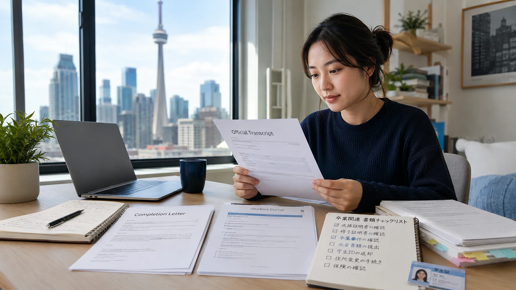 留学終了前に成績証明書や修了証の確認をする学生のデスク