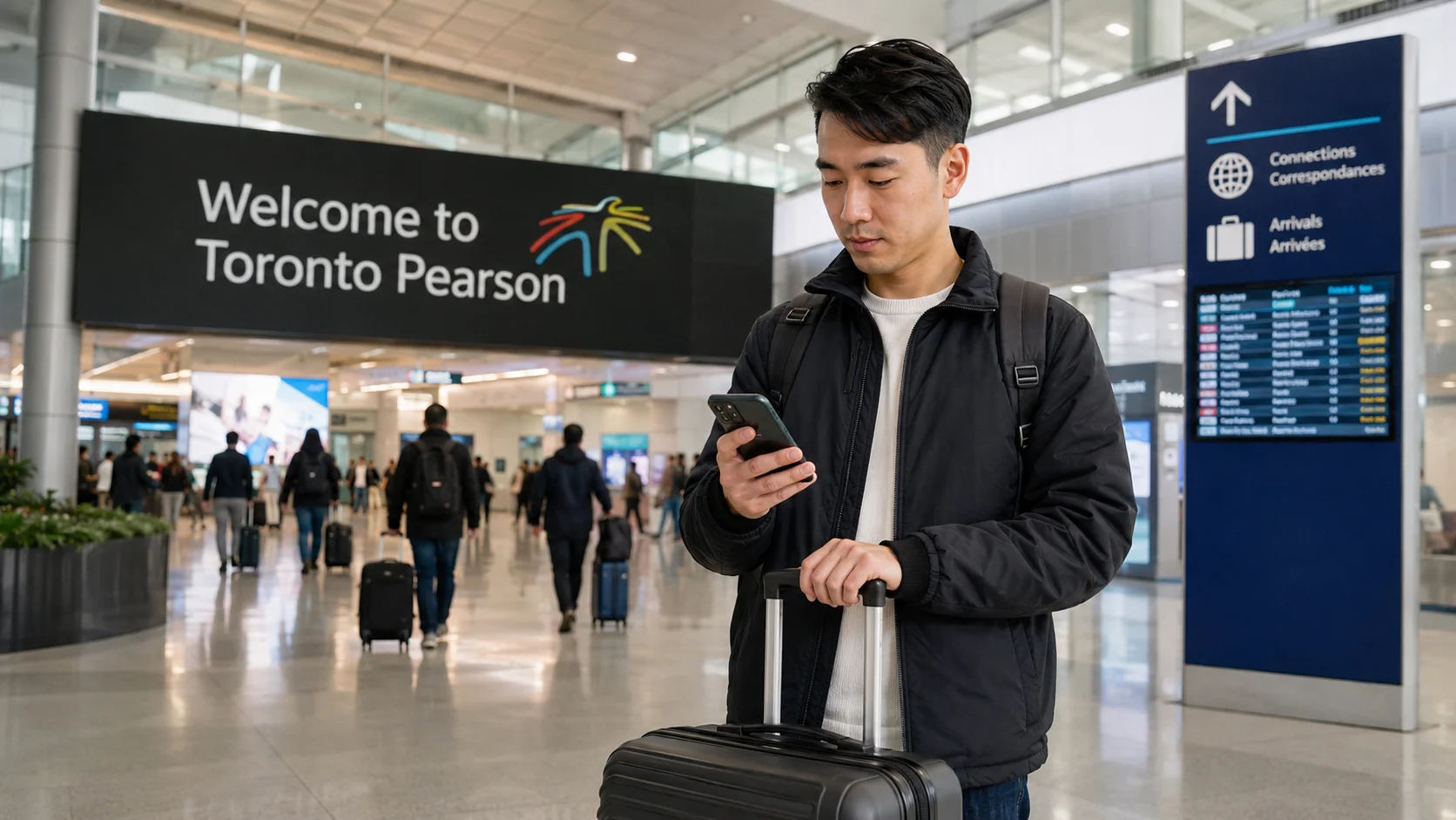 ピアソン空港の到着ロビーでスマホを確認するイメージ