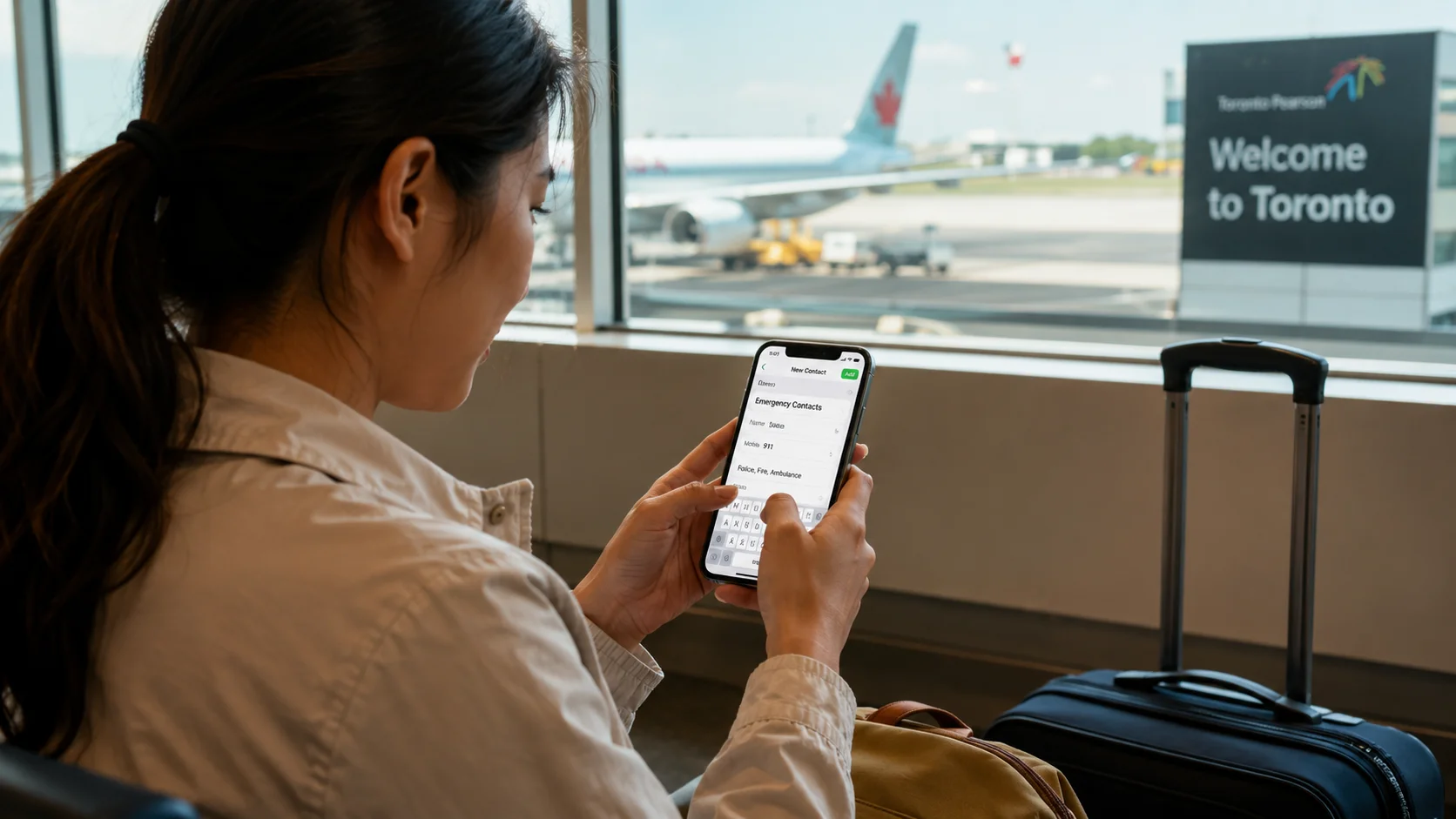 スマホにトロントの緊急連絡先を保存しているイメージ