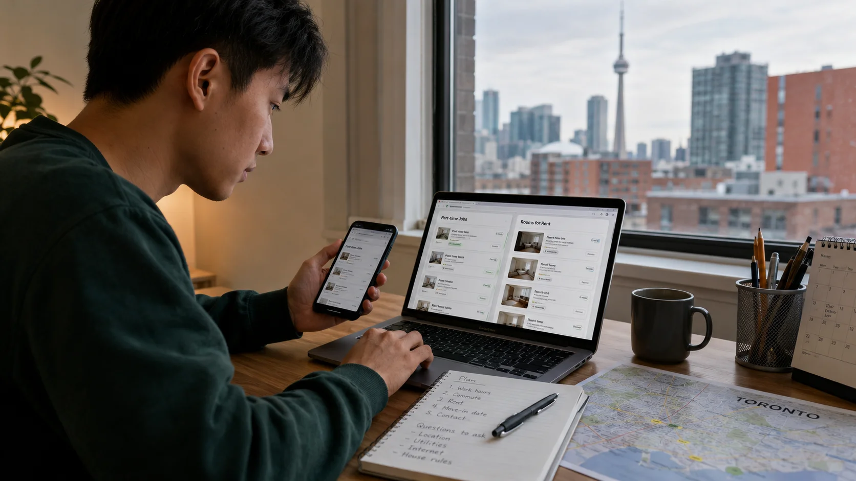 ノートPCでトロントの求人・部屋掲載を見比べる様子