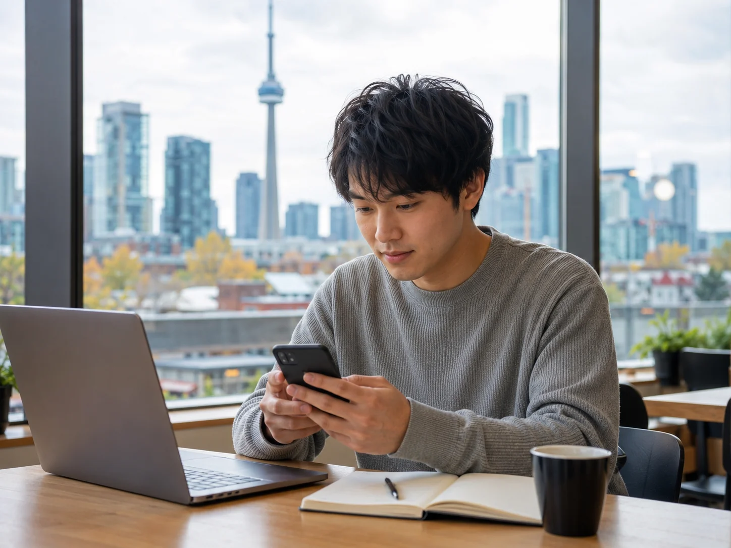 トロント生活の掲示板を見ながら予定を立てる人