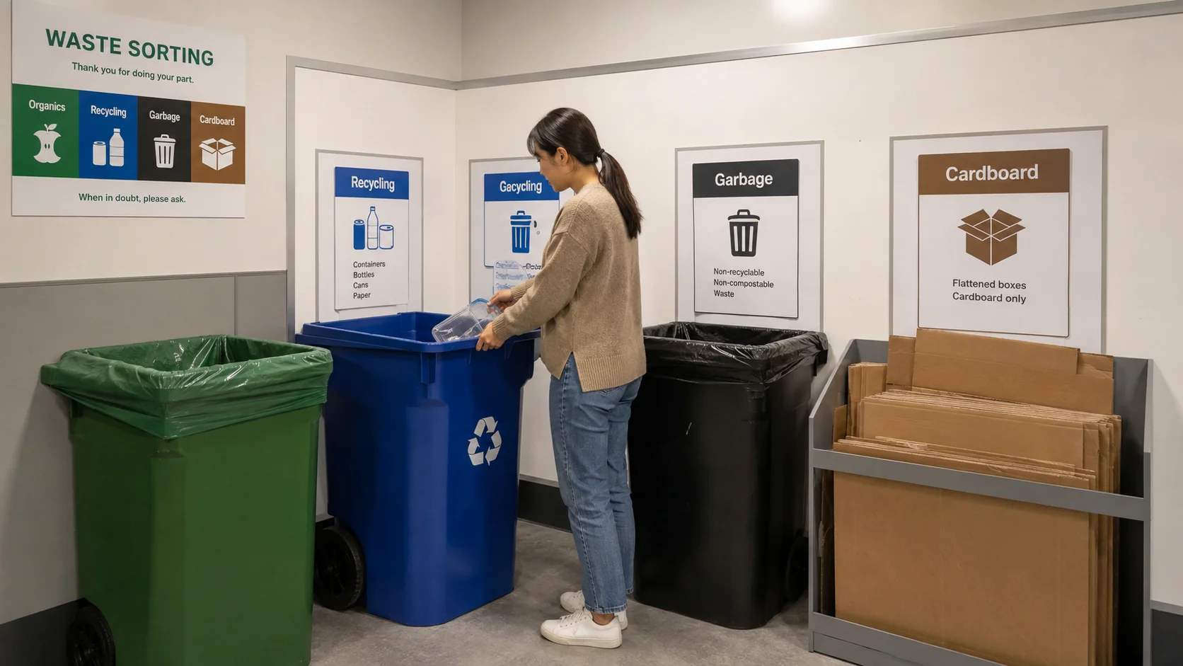 トロントのコンド内にあるゴミ室と分別表示のイメージ