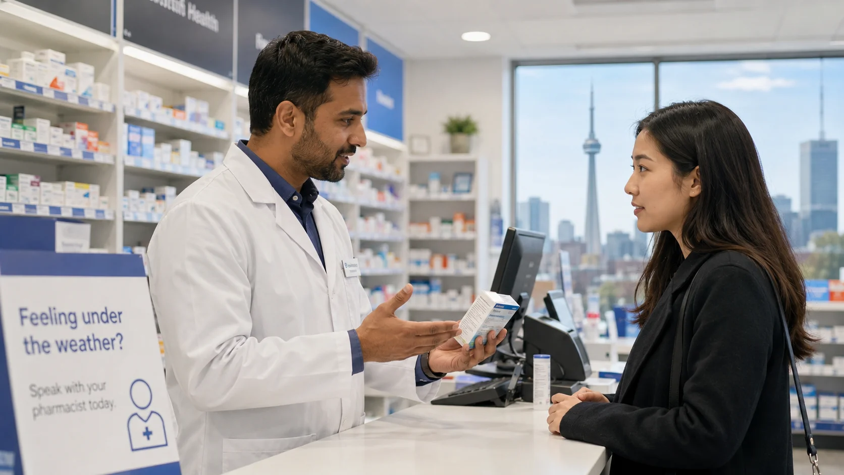 トロントの薬局で薬剤師に相談するイメージ