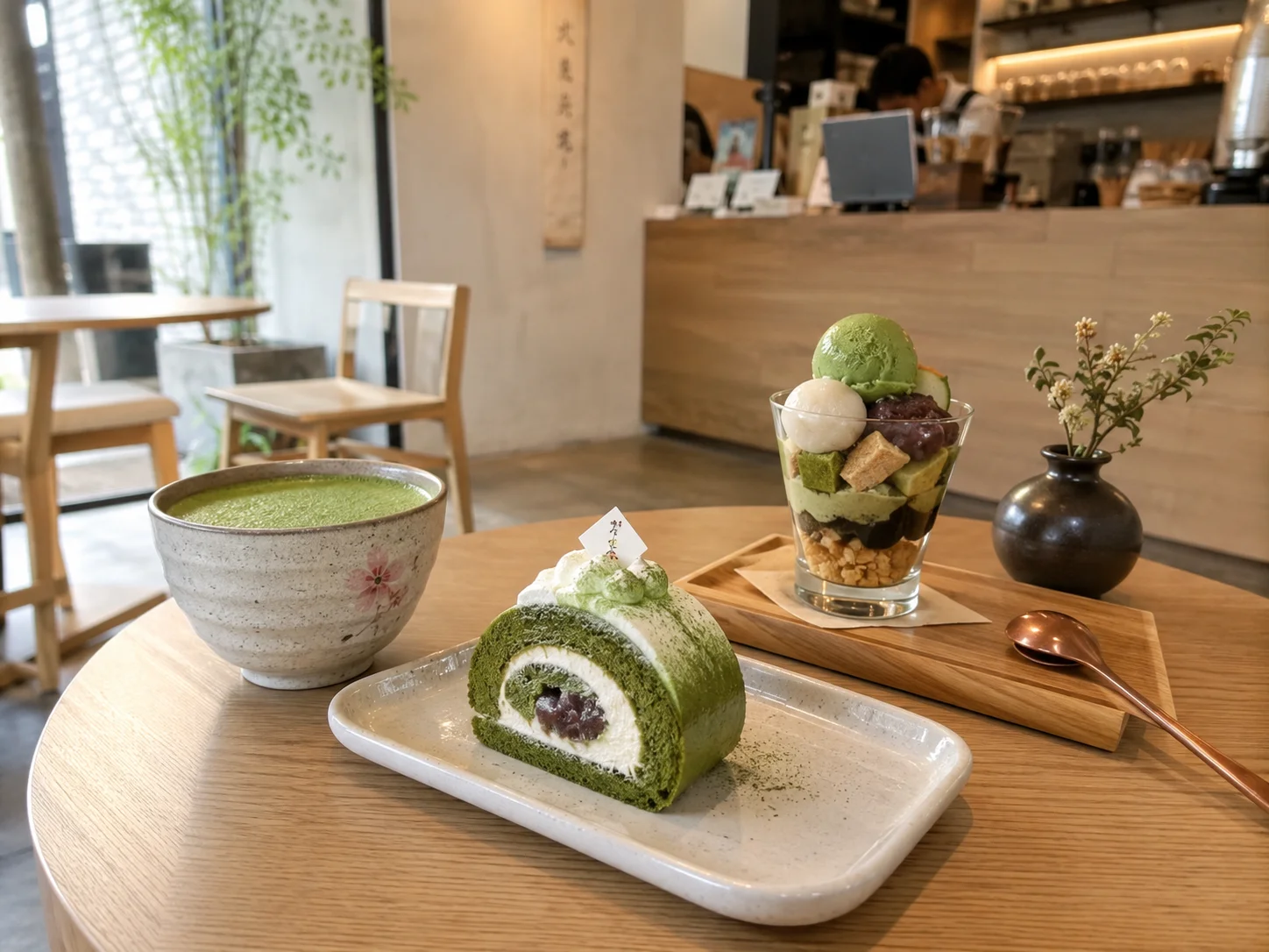 抹茶ドリンクと和風スイーツのカフェ写真