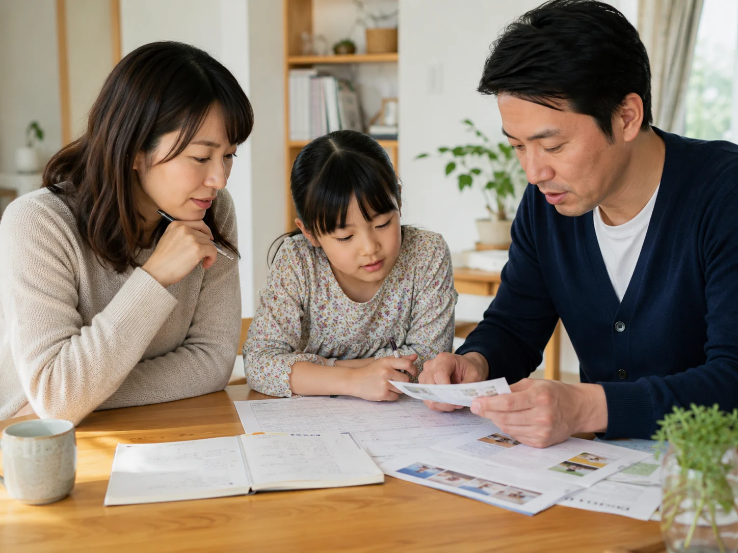 家族で週末の予定表と日本語クラスの資料を見ている様子