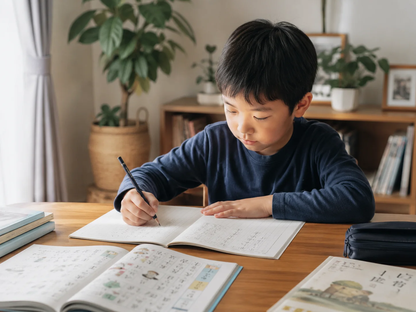 日本語の本とノートを広げて家庭学習をする子ども