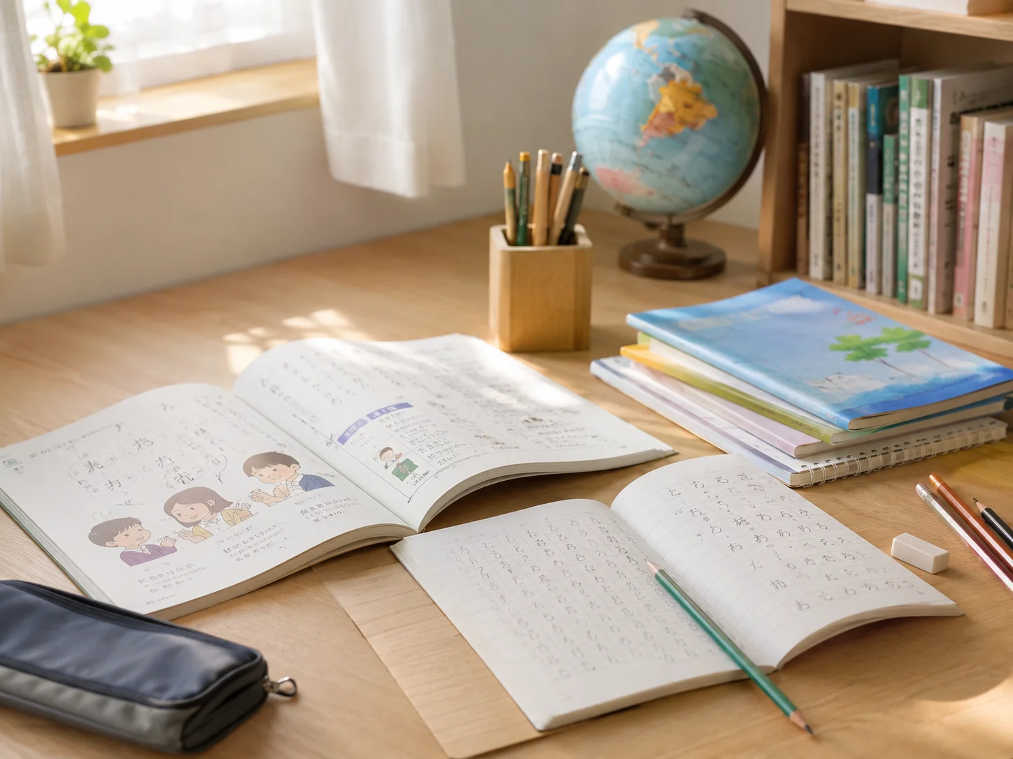 日本語の教科書とノートを広げた学習机