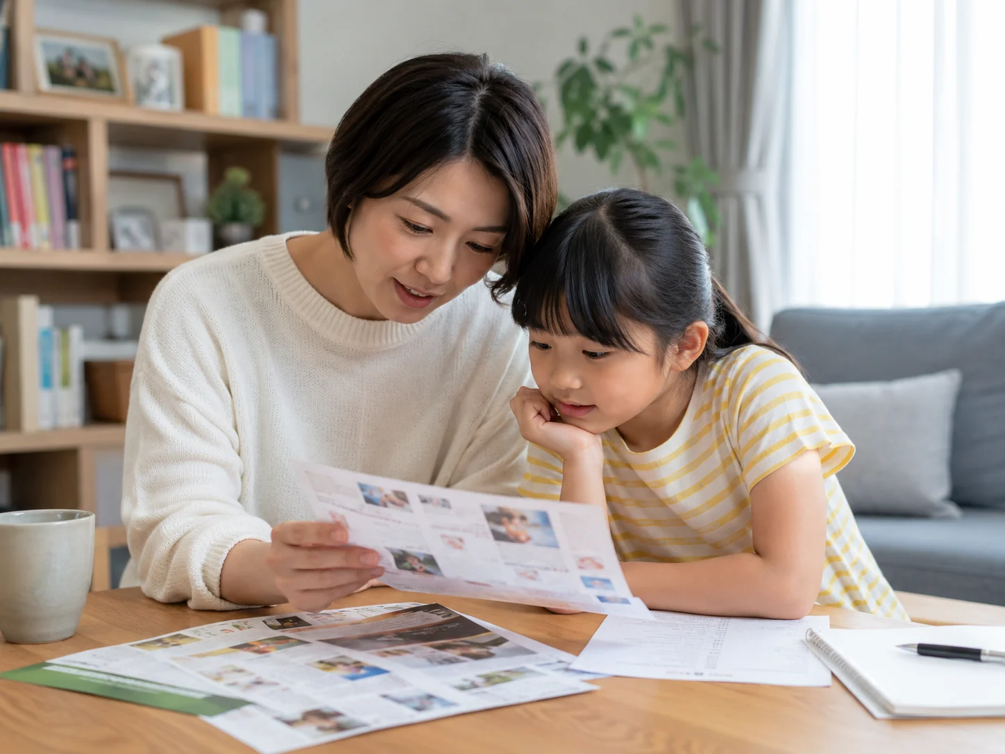 親子で日本語クラスの資料を見ながら相談している様子