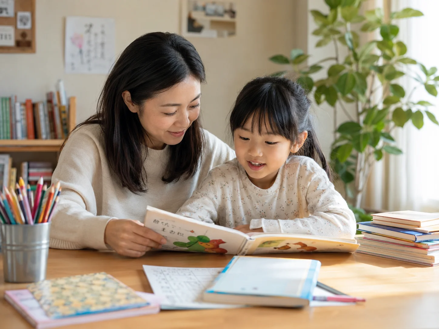 親子で日本語の本を読んでいる様子