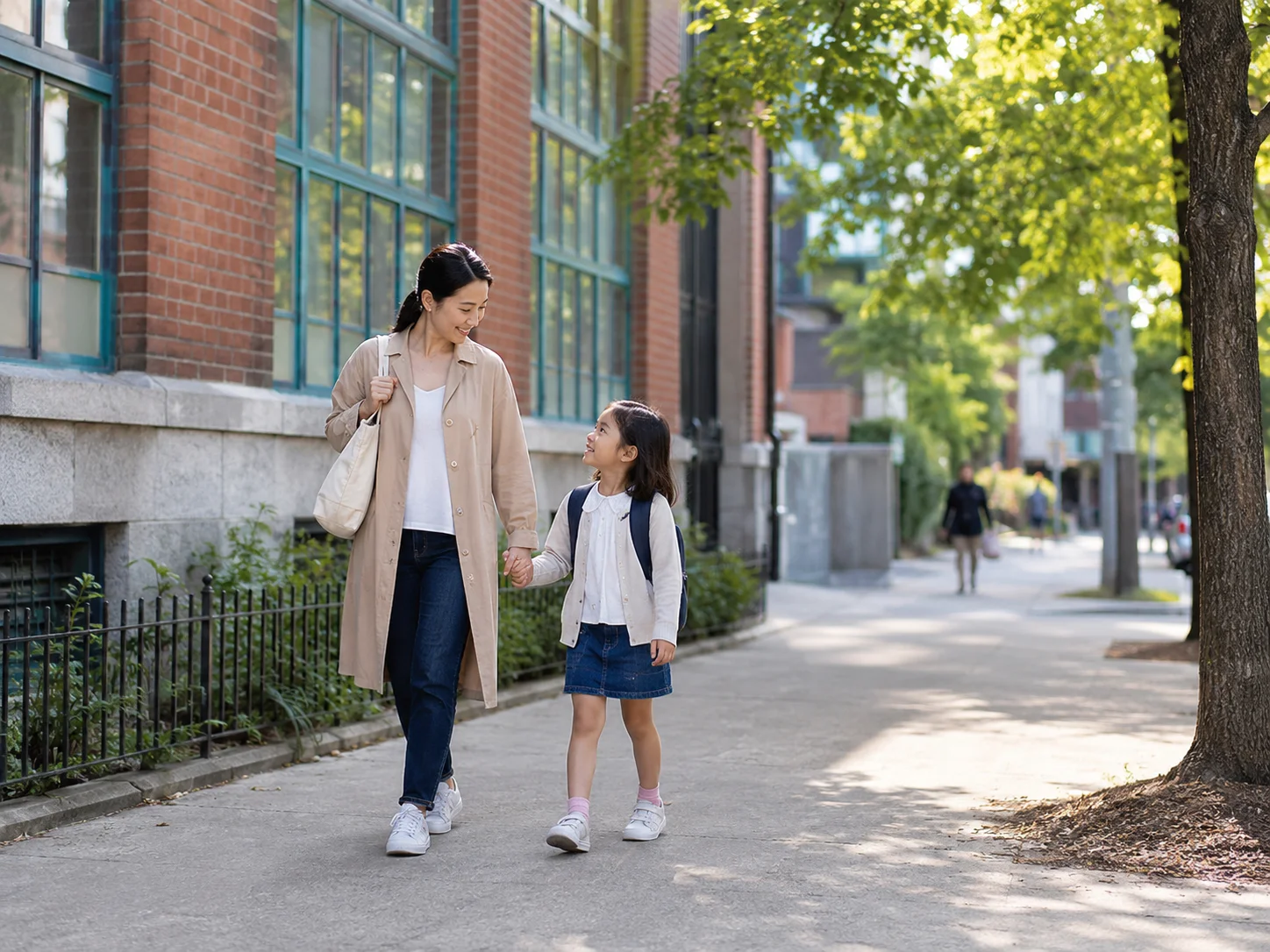 週末の日本語クラスへ向かう親子の通学イメージ