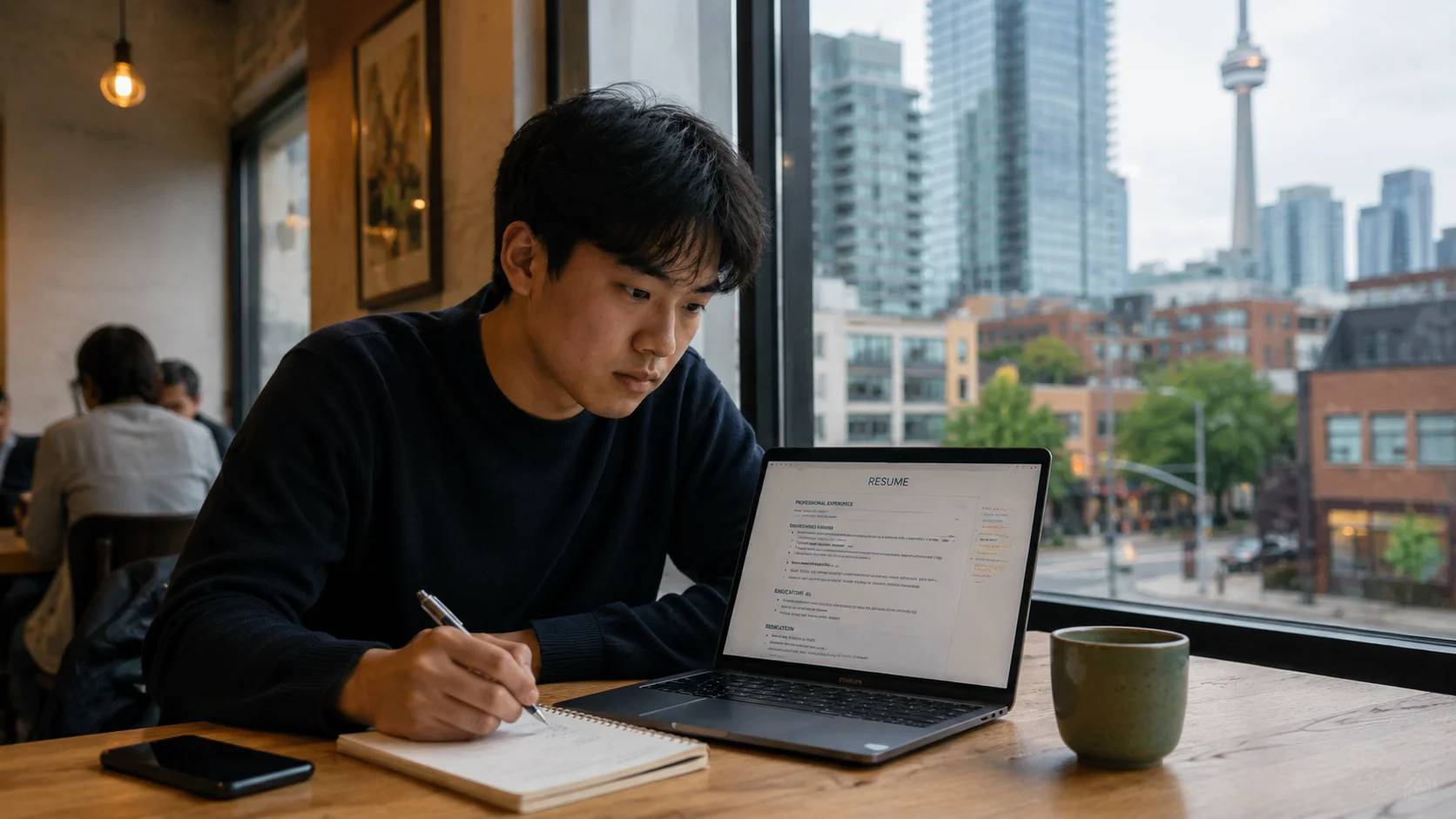 カフェでレジュメを確認しながら仕事探しをする人