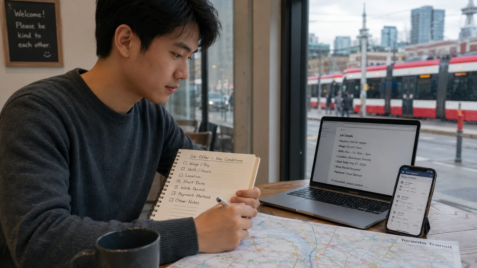 求人条件とシフトをノートに書き出して確認する様子