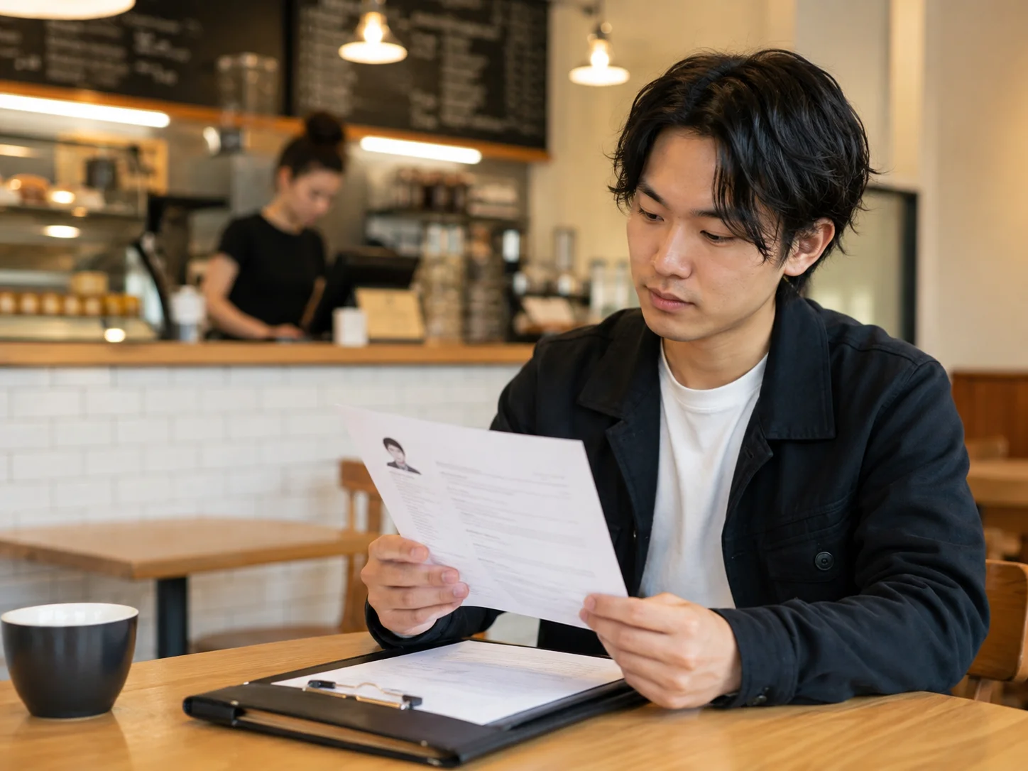 カフェのカウンターでレジュメを確認している人