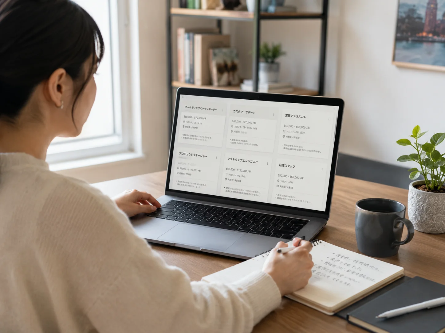 ノートPCで求人掲載を見比べている様子