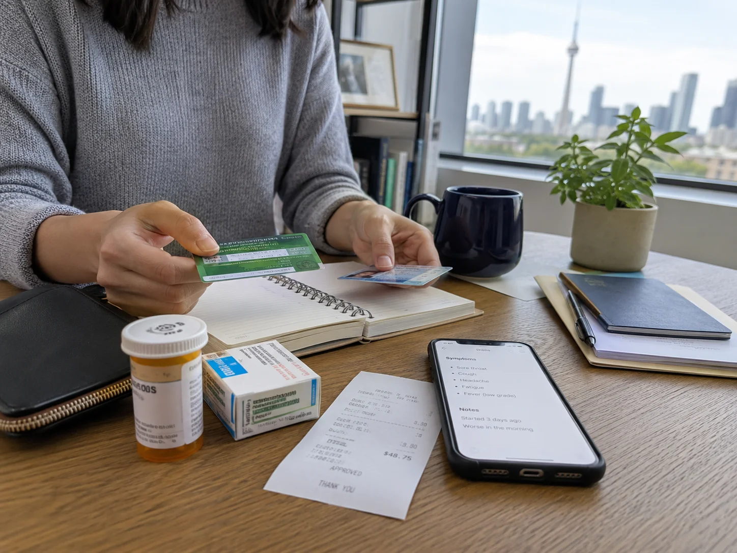 保険カード、領収書、スマホのメモを準備して受診に備える様子