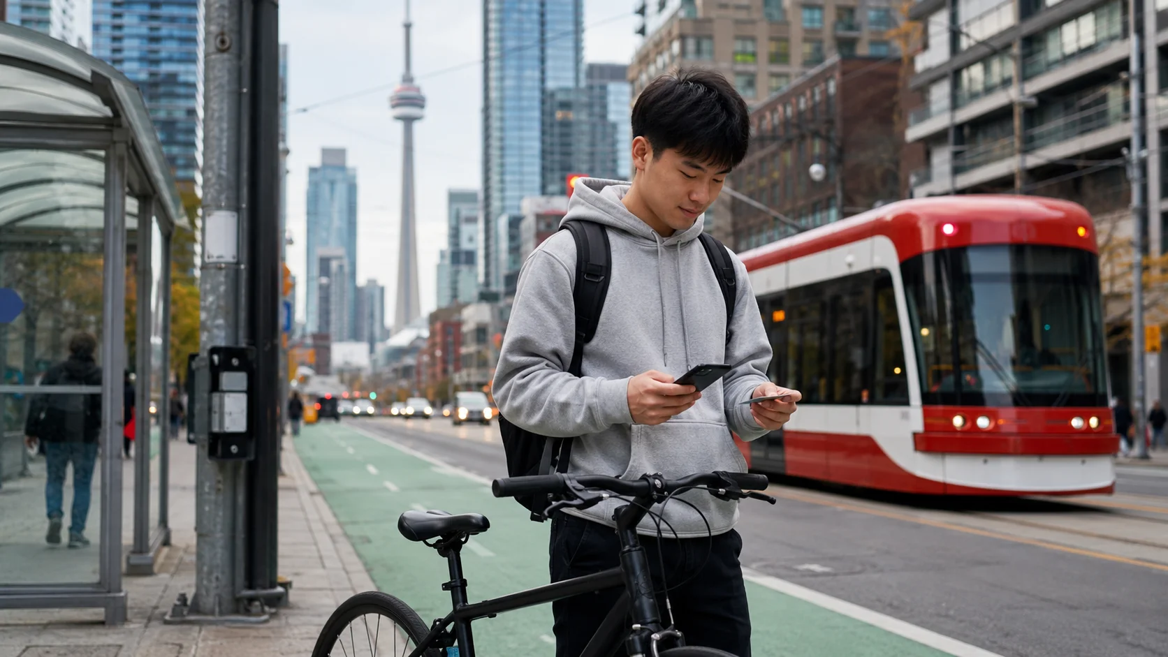トロントでTTCと自転車を使い分ける留学生のイメージ