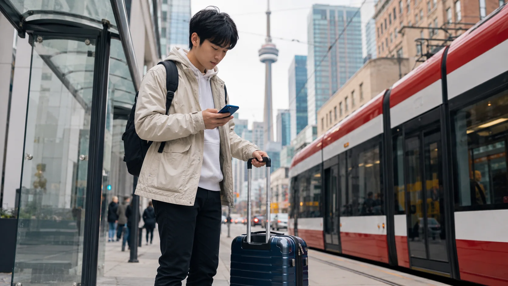 トロント到着後にスマホで地図を確認する留学生