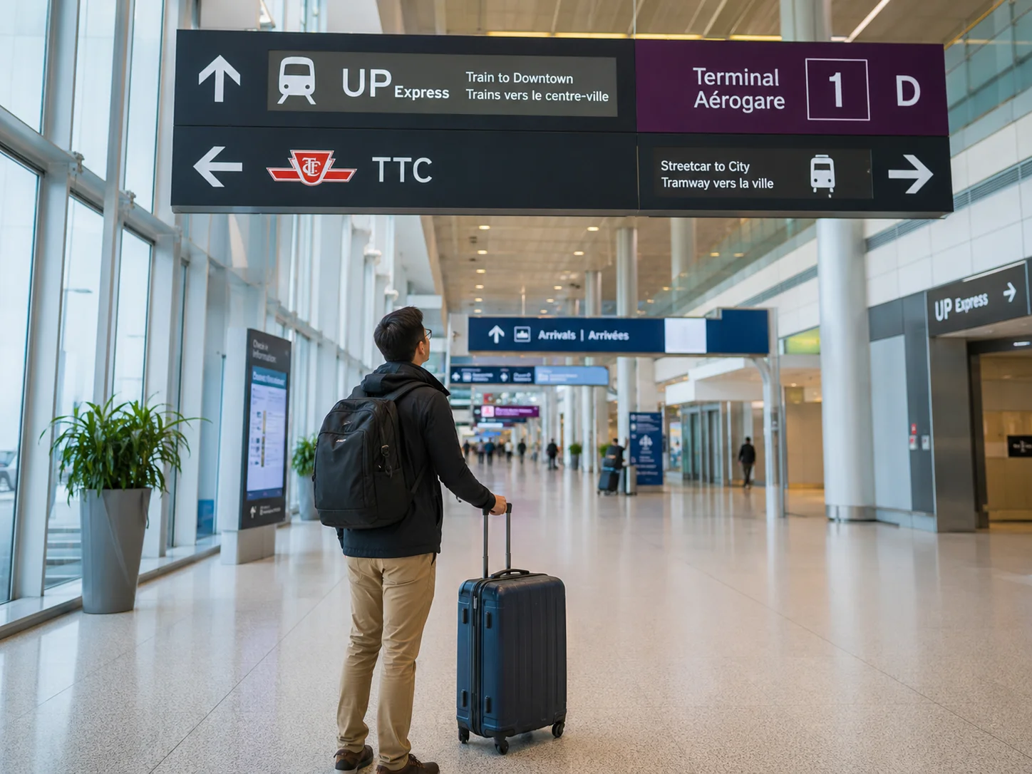 ピアソン空港の交通案内前で、UP ExpressとTTCの行き先を確認している旅行者