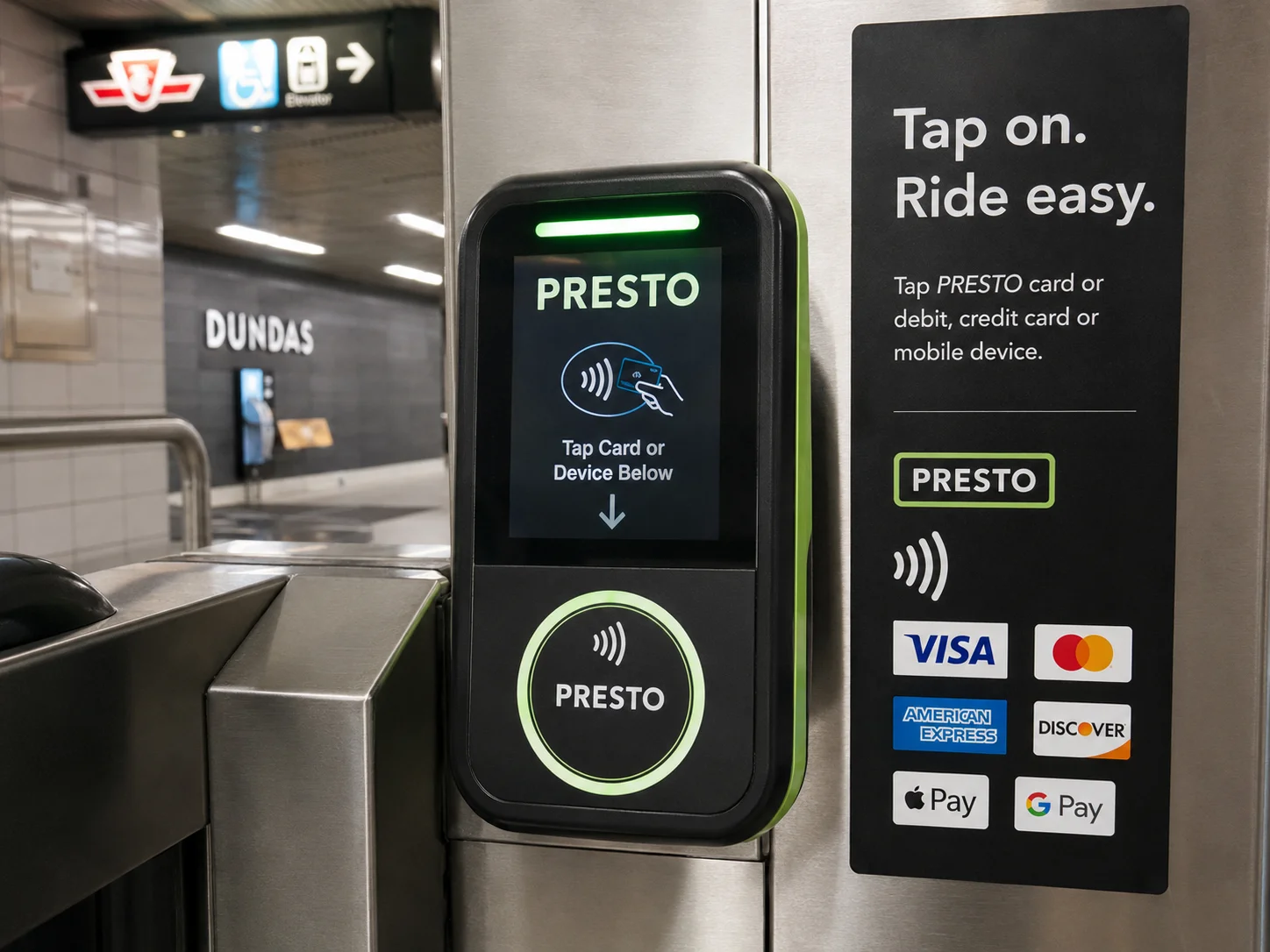 TTC駅の改札にあるPRESTOリーダーとタッチ決済の表示