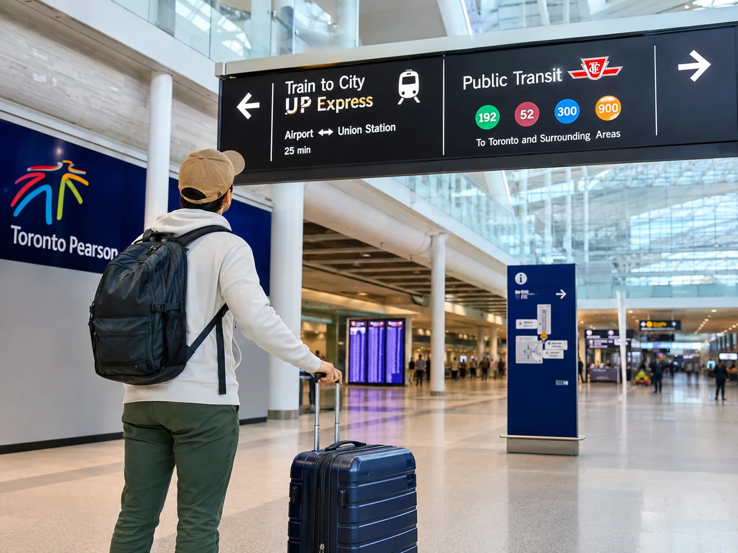 ピアソン空港に到着した旅行者がTTCとUP Expressの案内表示を見ている様子