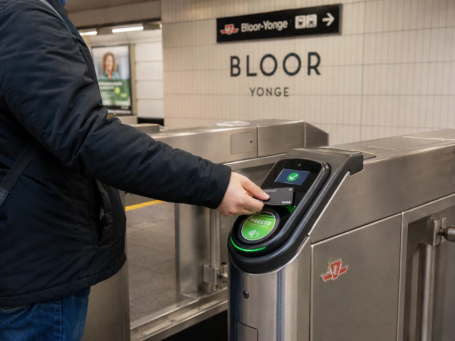 TTC地下鉄駅の改札でクレジットカードをタップして入場している様子
