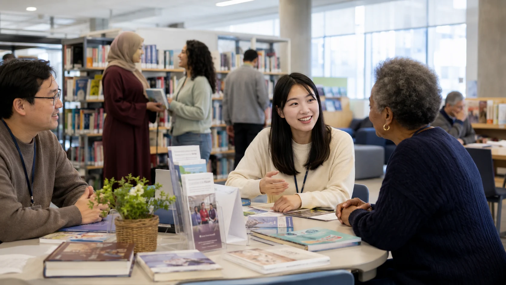 図書館やコミュニティスペースでボランティアが英語で交流している様子