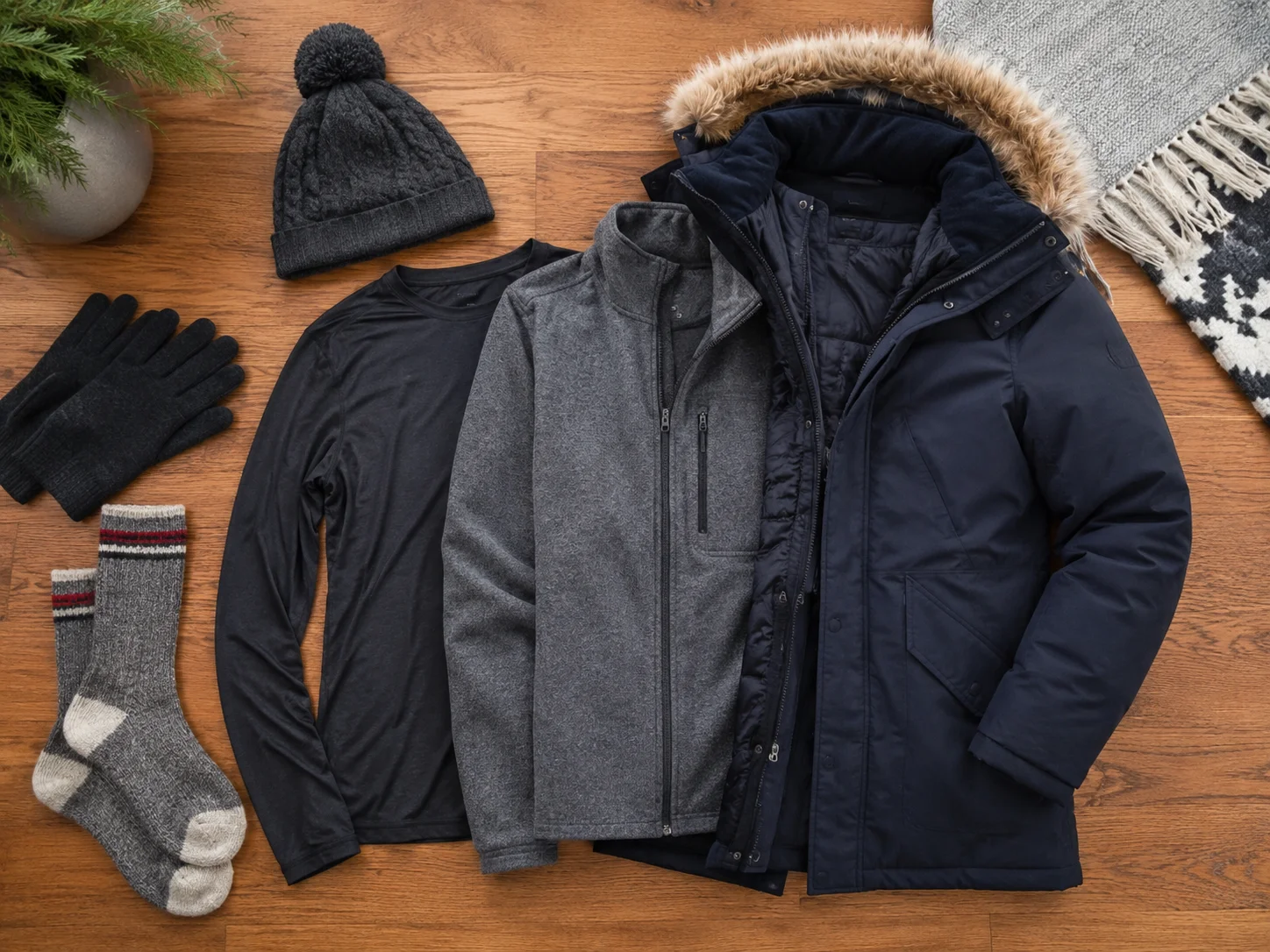 インナー、セーター、冬用コートを重ねたトロント冬服のイメージ
