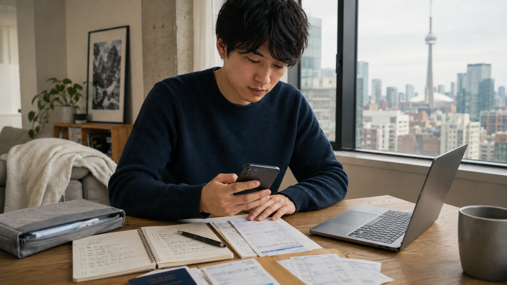 ノートパソコンで銀行・税金・スマホ手続きを確認するイメージ
