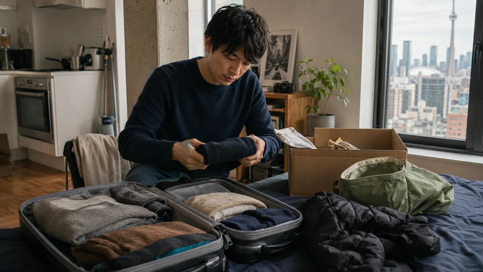 トロントの部屋で荷造りをするワーホリ帰国前のイメージ